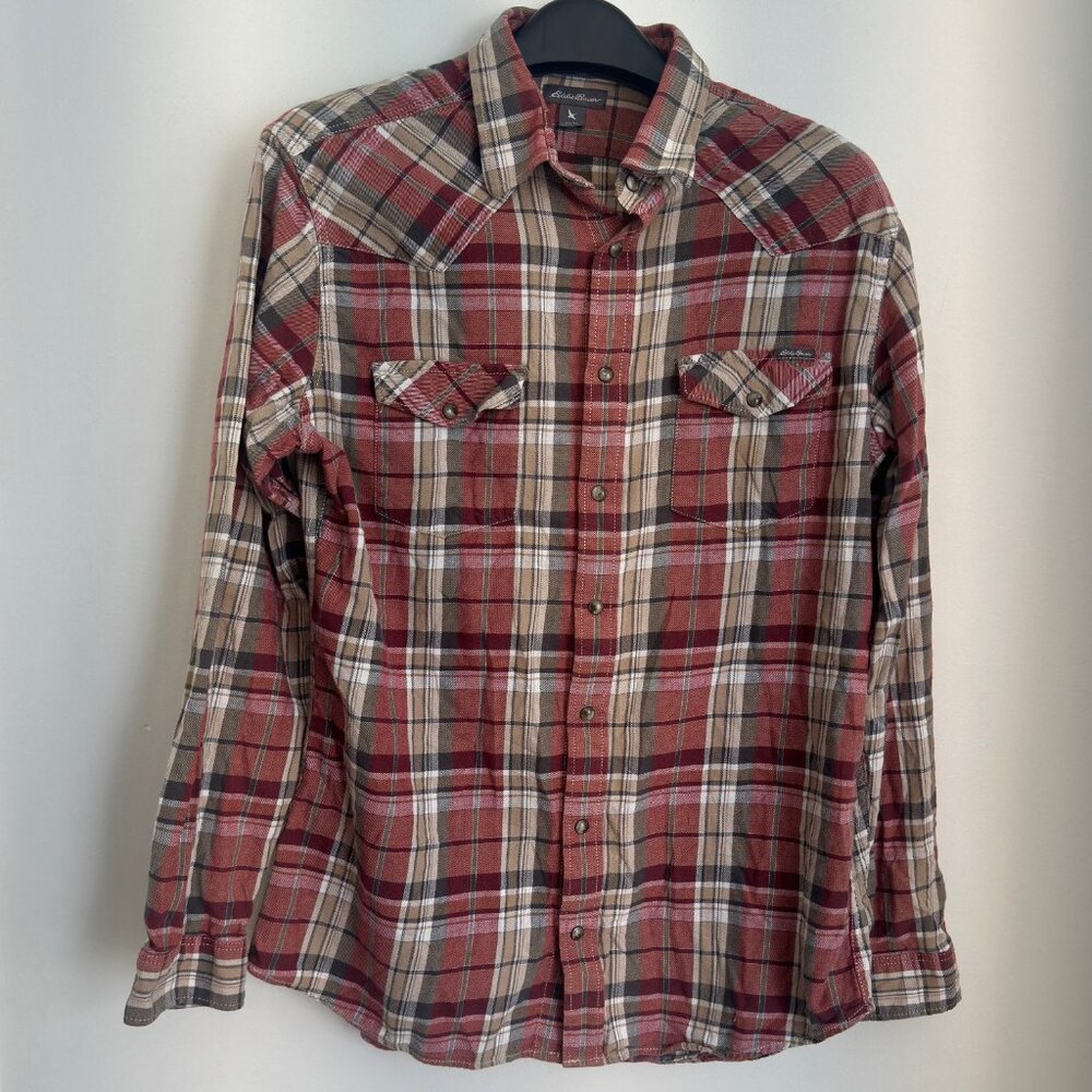 EDDIE BAUER MENS LONG SLEEVE PLAID SHIRT WITH SNAPS SIZE TALL LARGE